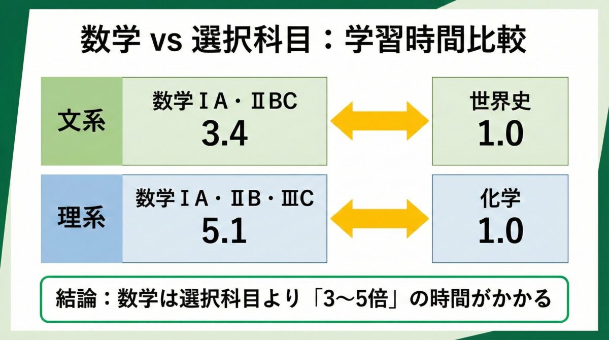 数学は選択科目より3〜5倍の学習時間がかかることを示す比較データ