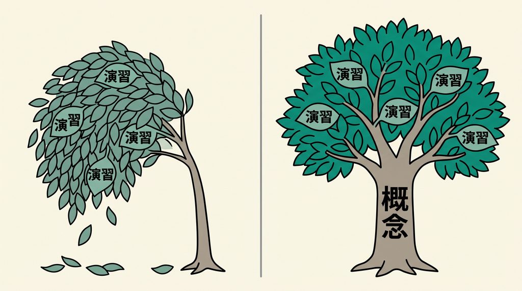 概念（幹）が盤石だと演習量（葉）を増やしても崩れてしまう