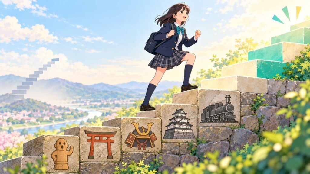 中学で習った日本史の土台の上に、新しい知識を積み上げる高校生のイラスト