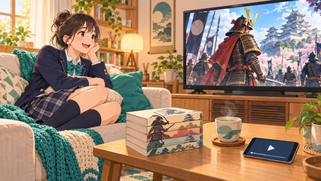 大河ドラマや歴史マンガ、解説動画で日本史を楽しむ高校生のイラスト