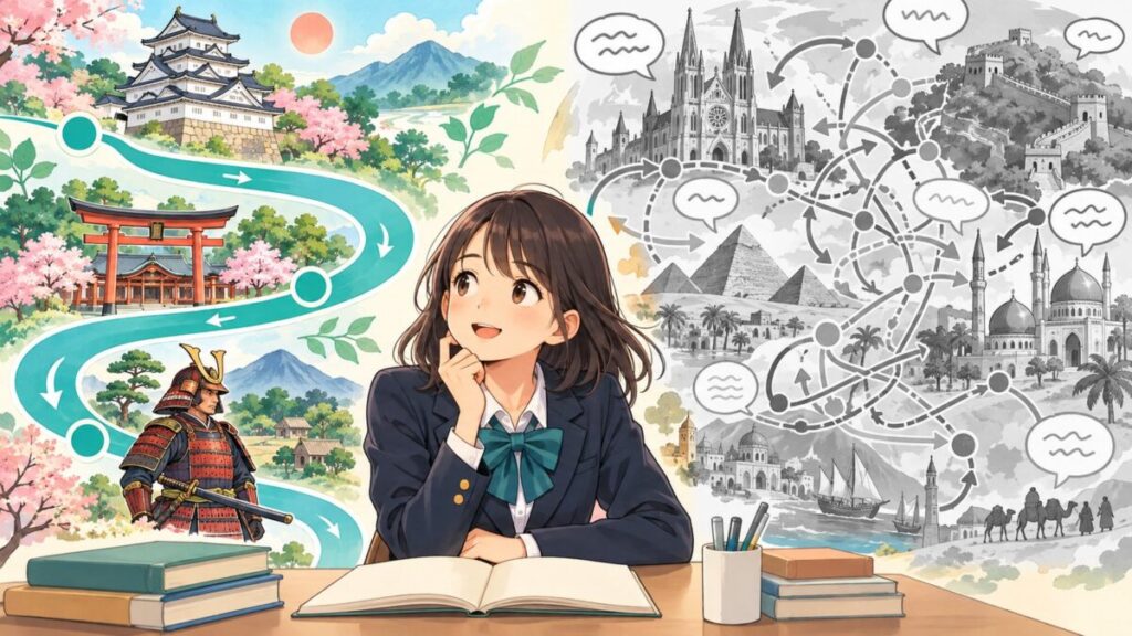 日本史の一本の流れと、世界史の入り組んだ地域と時代を比べたイラスト
