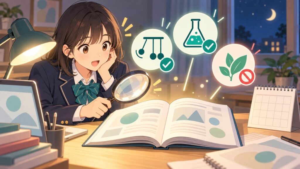 大学の募集要項で、受験に使える理科の科目を確かめる高校生のイラスト