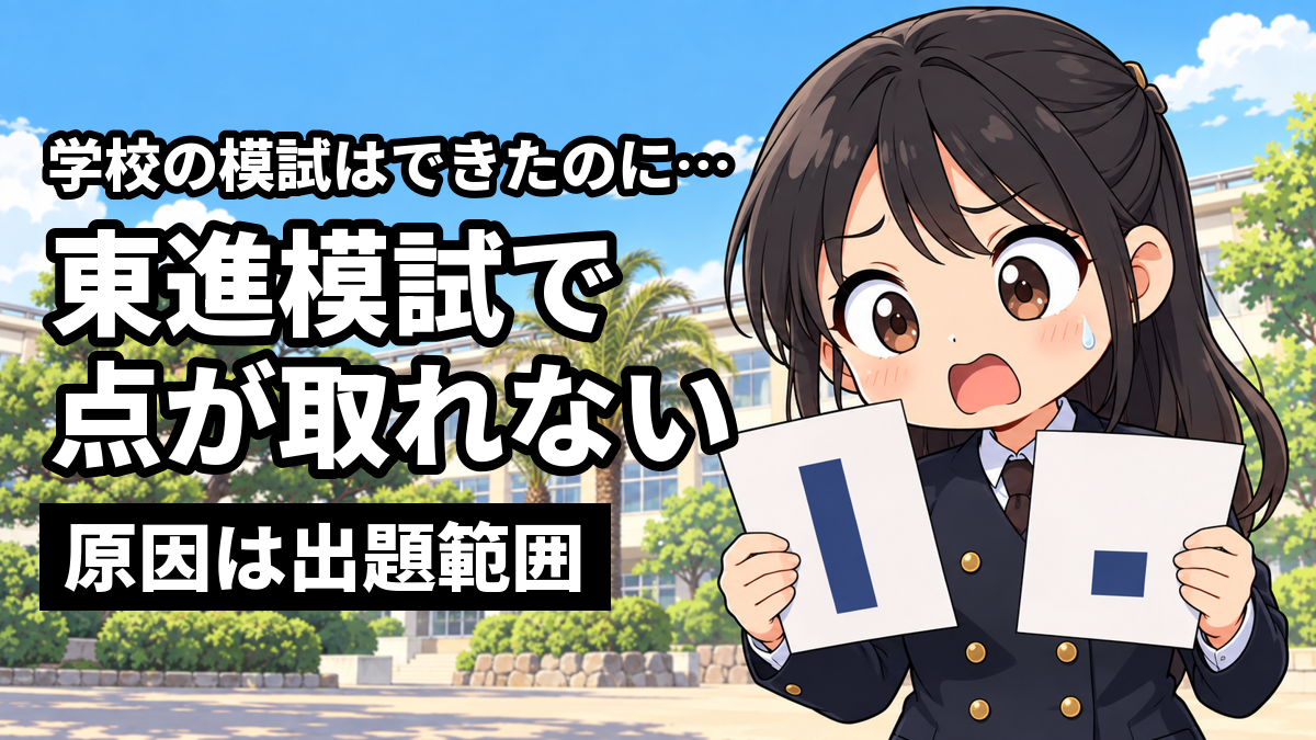 安房高校の前庭で、棒の高さが違う2枚の成績表を見比べ、目を見開いてぼうぜんとする安房高の女子高校生。「学校の模試はできたのに…」「東進模試で点が取れない」「原因は出題範囲」の文字。